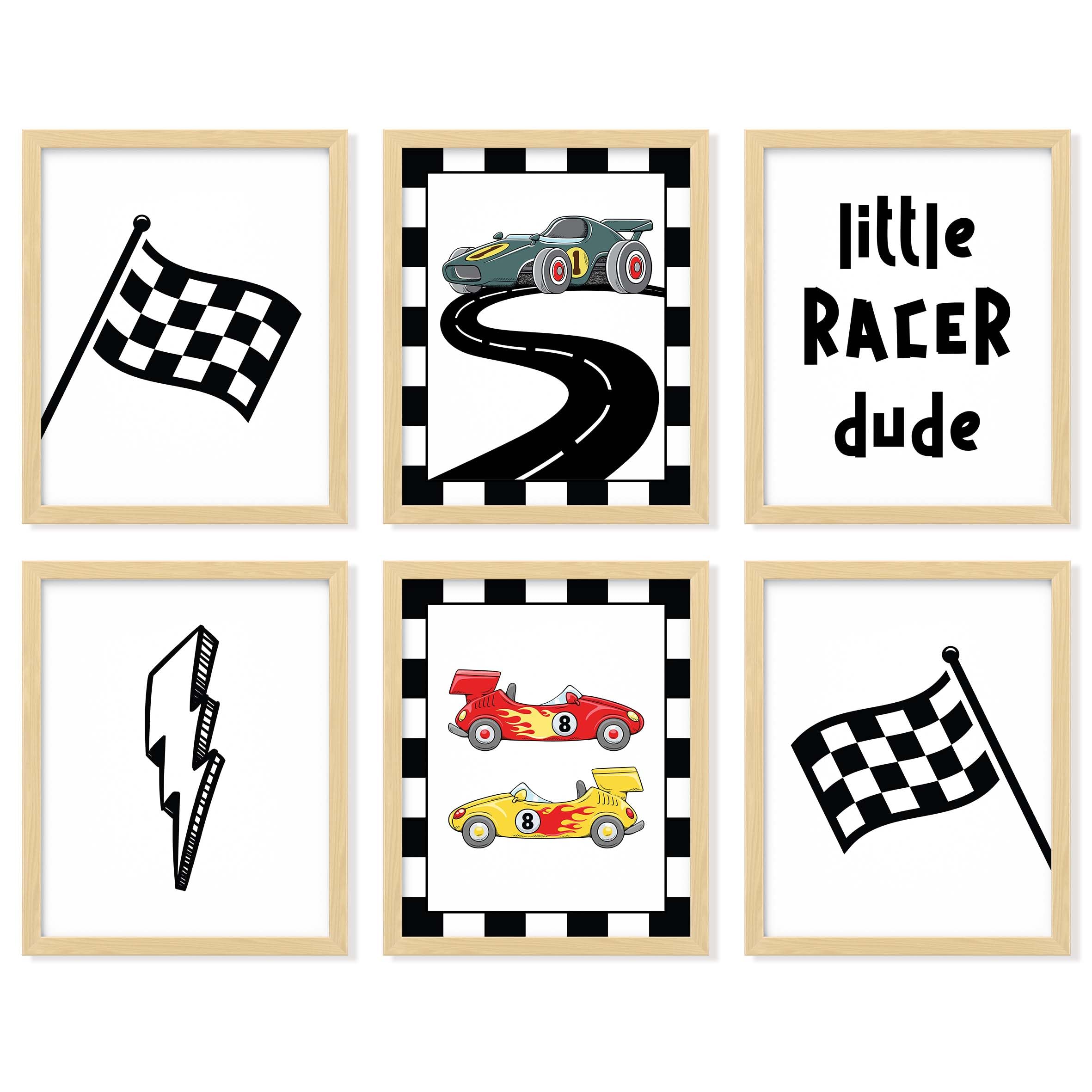 97 Decor Race Car Wall Art for Boys Room, 6 Pcs 8x10, Unframed | Vintage racing and classic car posters, boys bedroom and nursery, kids room gallery set, cardstock prints