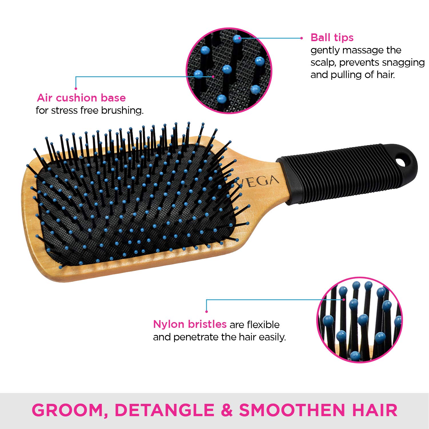 Vega Premium Collection Wooden Paddle Hair Brush & Vega Mini Flat Brush with Wooden Colored Handle and Black Colored Brush Head 2