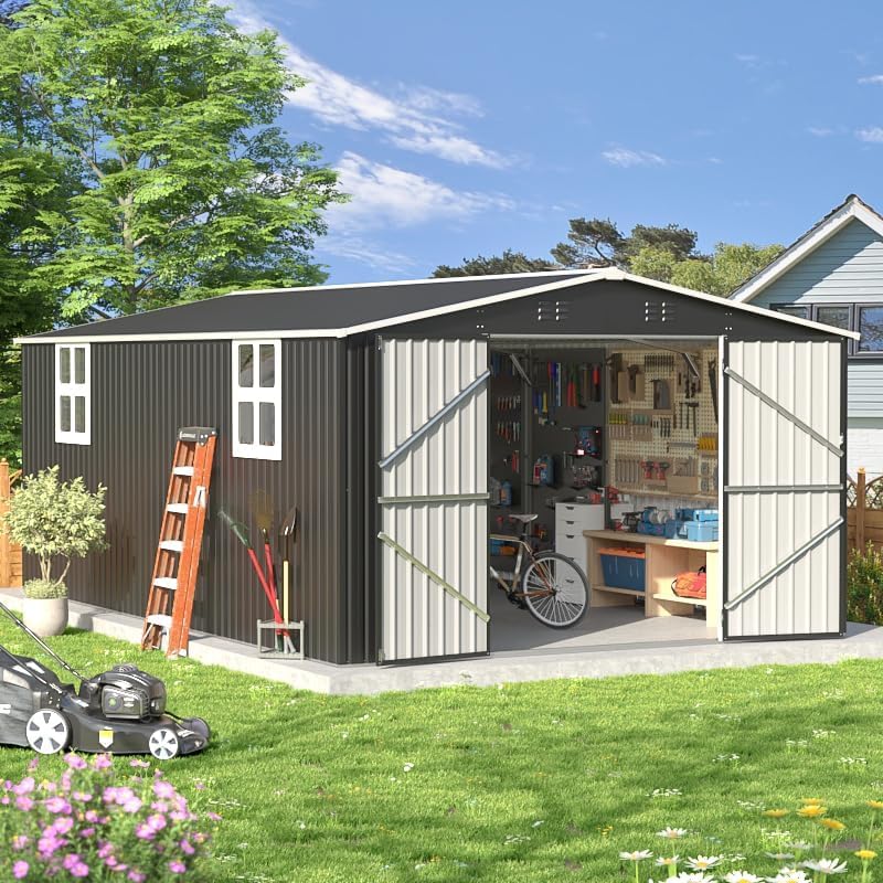 Image of AirWire 12x16 FT Outdoor Storage Shed, Garden Shed with Updated Frame Structure and Lockable Doors, Metal Tool Sheds for Backyard Garden Patio Lawn, Black