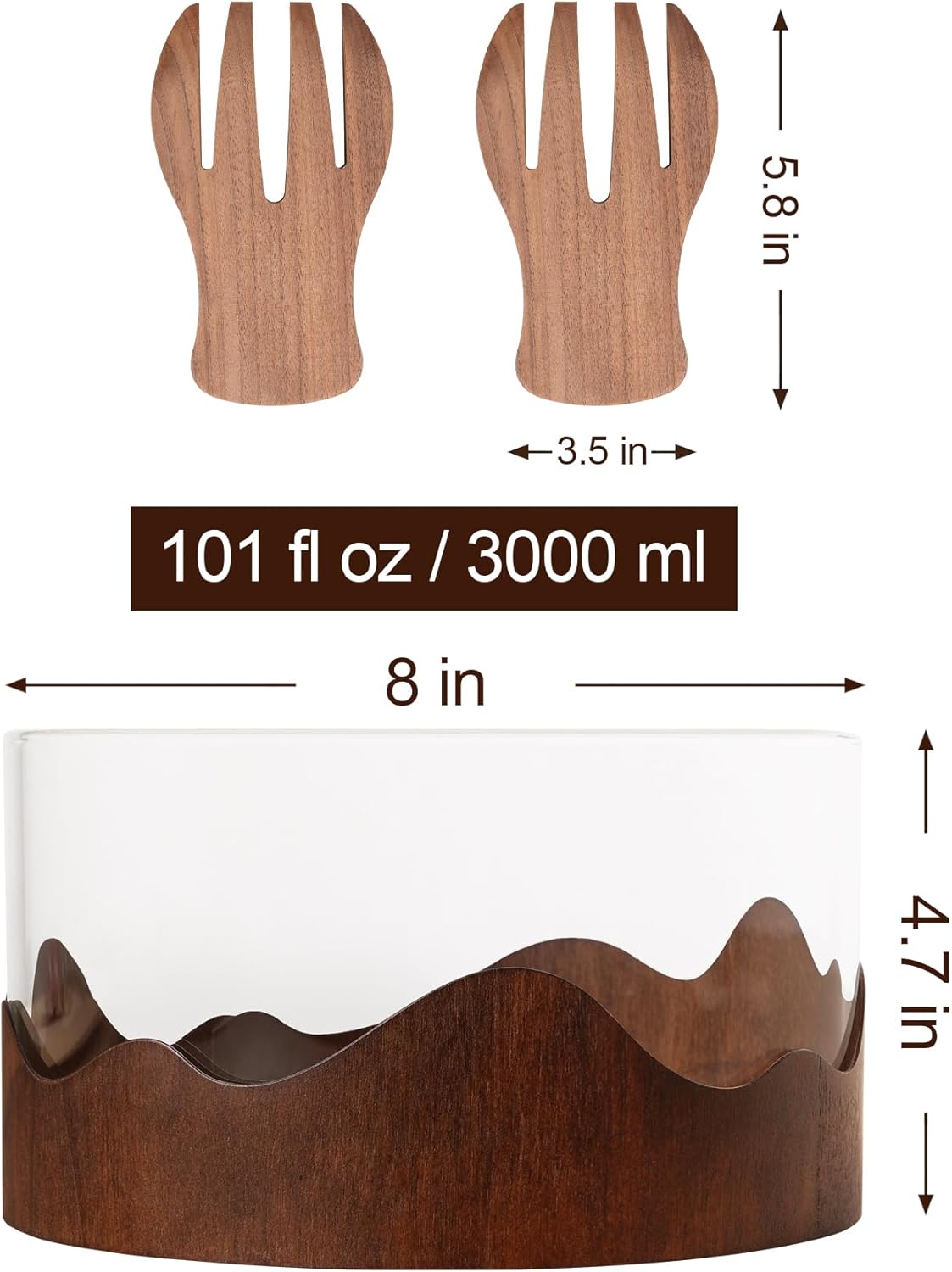 Wooden Salad Bowl Set - with Walnut Wooden Salad Tongs for Serving, Decorative Glass Light Meal Bowl with Serving Utensils, Elegant Salad Serving Bowl with Servers