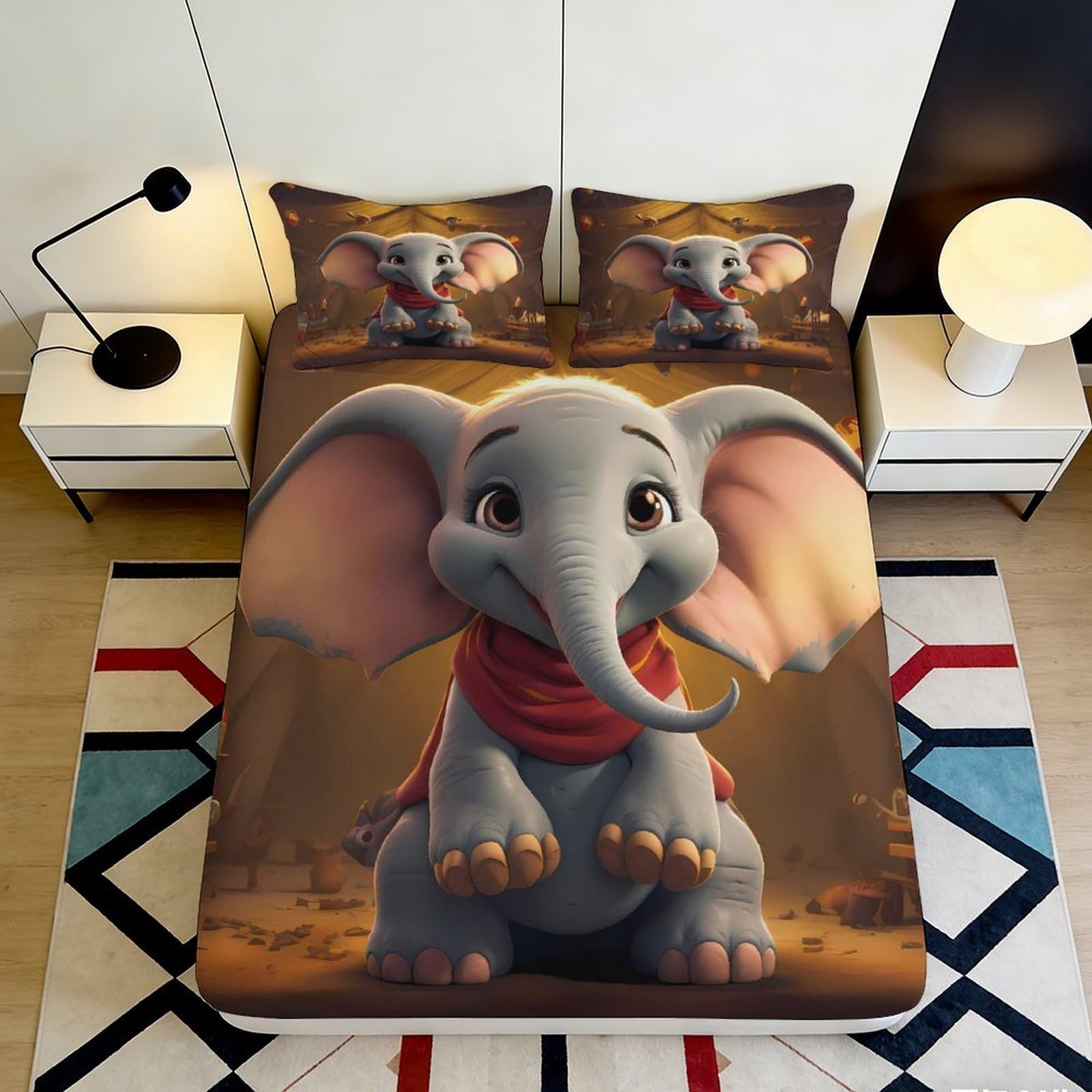 3D Printed Cute Elephant Fitted Sheet Microfiber Soft Cartoon Animal Bed Cover for Bedroom Guest Room Mattress Decor 90x200x25cm