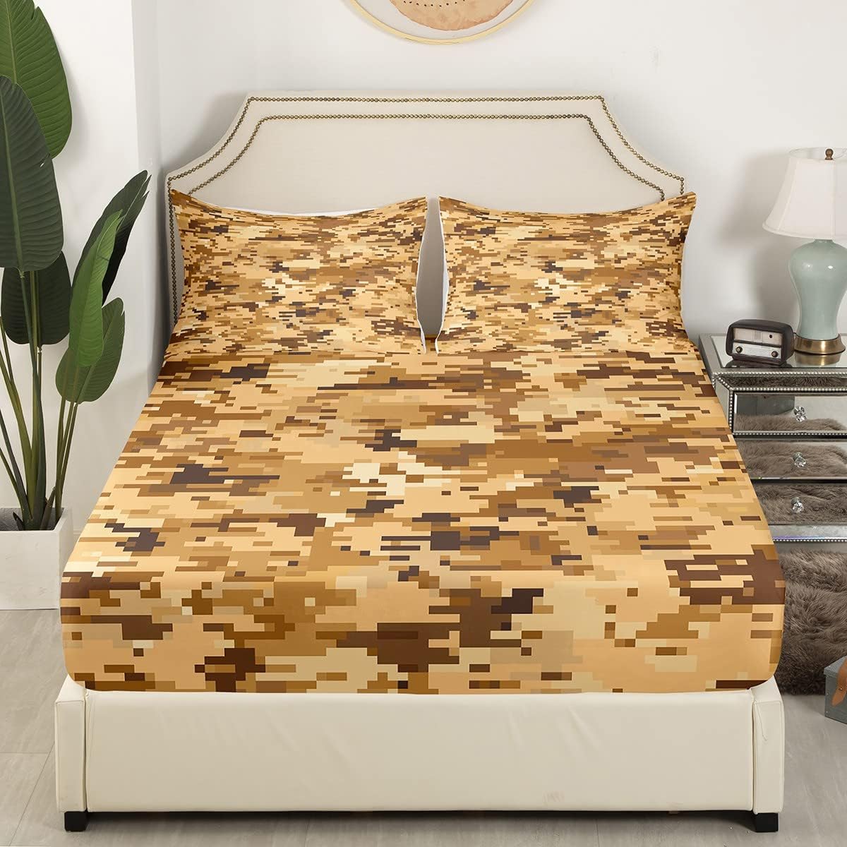 Brown Yellow Camo Sheet Set King Size,Abstract Geometric Camouflage Bedding Set 4pcs Desert Camo Bed Sheet for Kids Teens Boys Men Bedroom Decor Outdoor Sports Fitted + Flat Sheet,2 Pillowcases