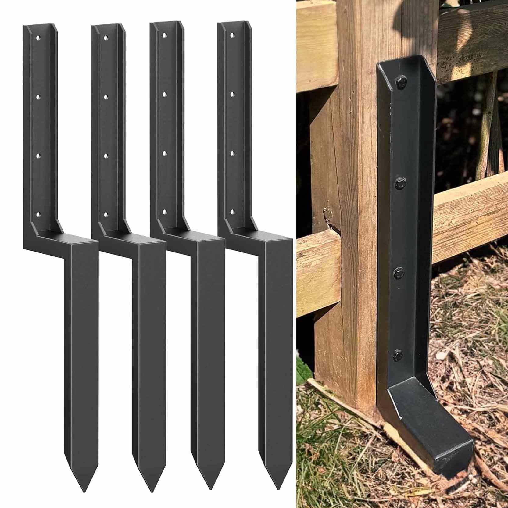 GOUZIBHD 4PCS Fence Post Repair Kit, Heavy Duty Steel Ground Stakes for Tilted Wood, Black Mailbox Post Anchor Brackets Fence Stakes Post Base Fence Post Stabilizer