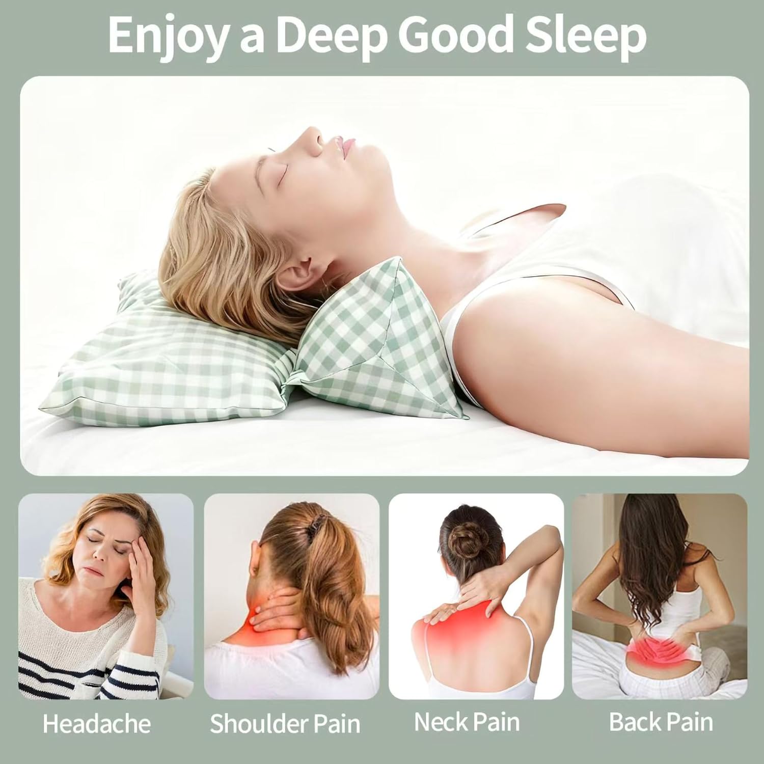 Buckwheat Hull Neck Support Bone Shape Pillow for Sleeping, Detachable Combination Pillow for Relieving Neck and Waist Pain and Fatigue(Light Green) - Image 3