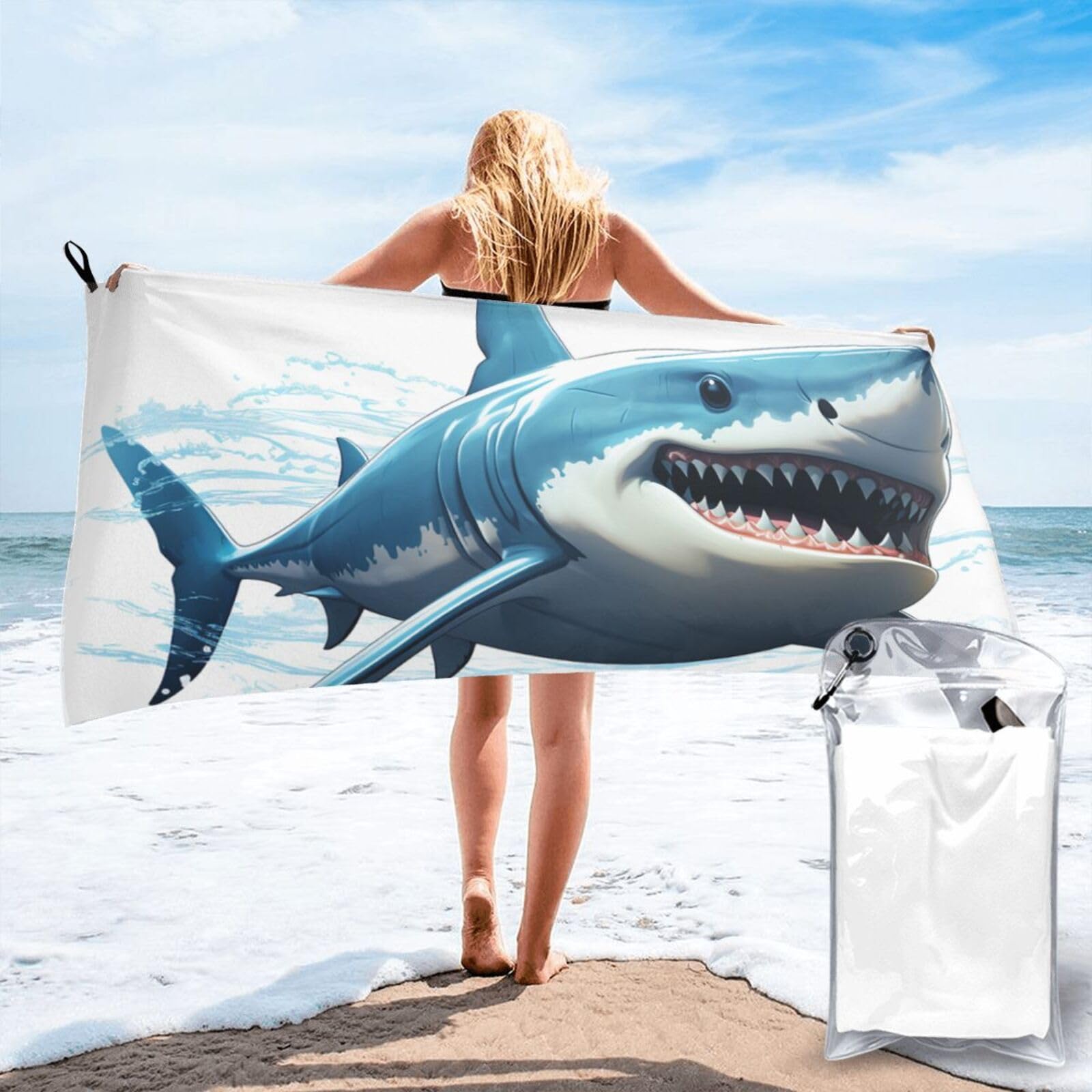 DWVTSLH Microfiber Sand Free Beach Towel 31.5"x63", Quick Dry Absorbent Travel Towel Large Camping Blanket, Blue Shark Bath Towels Lightweight Pool Swim Towels for Vacation Essentials