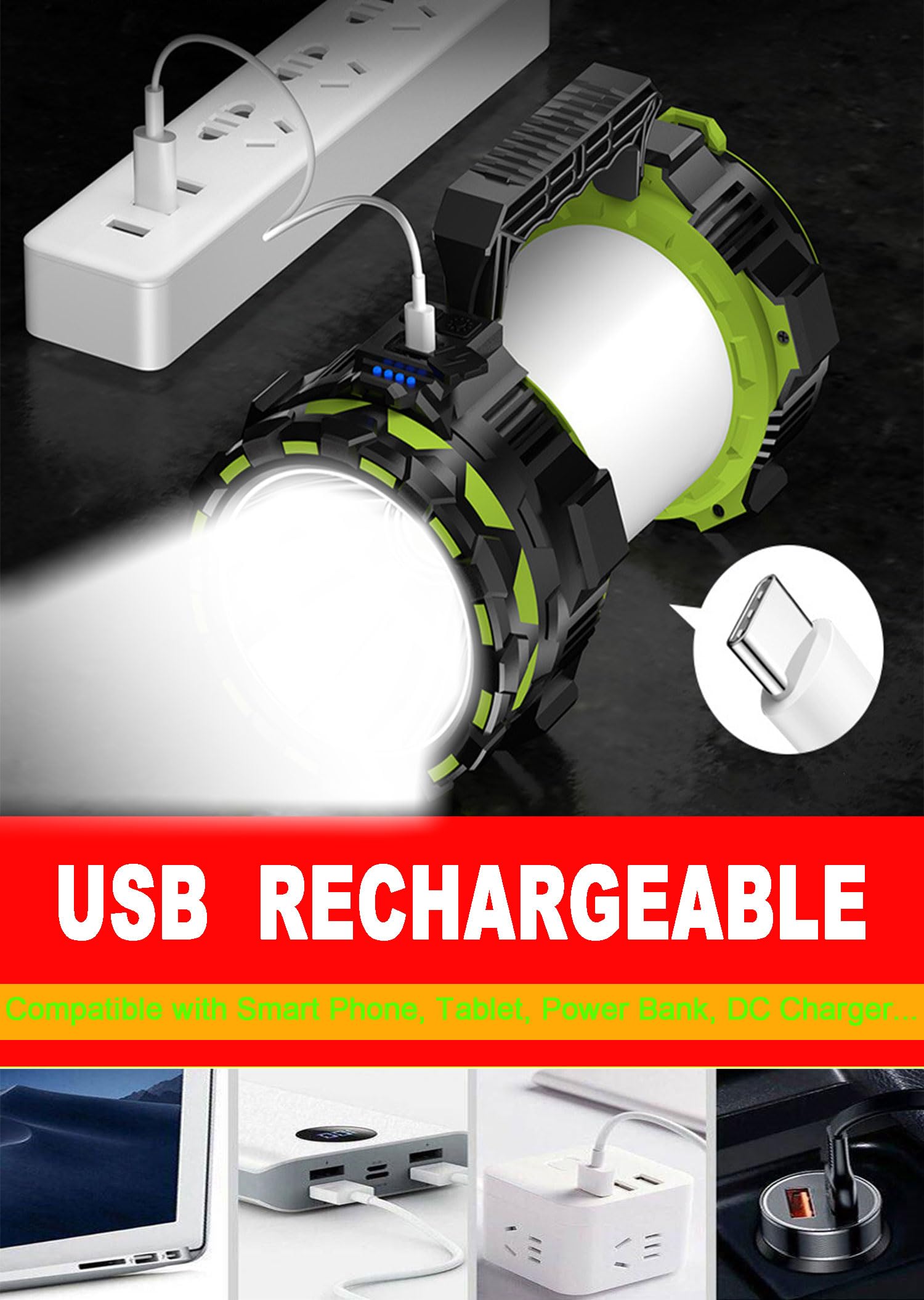 Linterna LED grande de 22000 lm, 6 modos recargables, de mano, para camping, caza, luces de trabajo portátiles para emergencias en interiores y exteriores