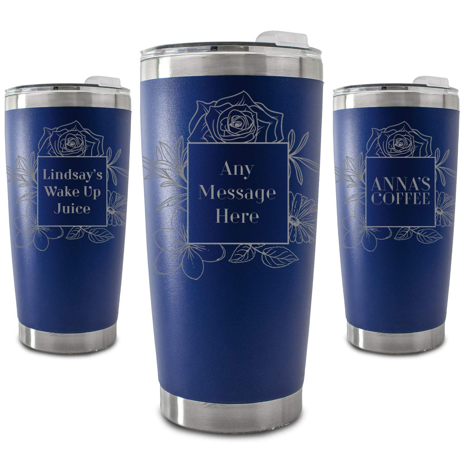 Personalisierter, gravierter, dunkelblauer 500-ml-Reisebecher mit quadratischem Blumenmuster, personalisierbar mit einer beliebigen Nachricht oder einem Namen, inklusive Geschenkbox, lasergraviert