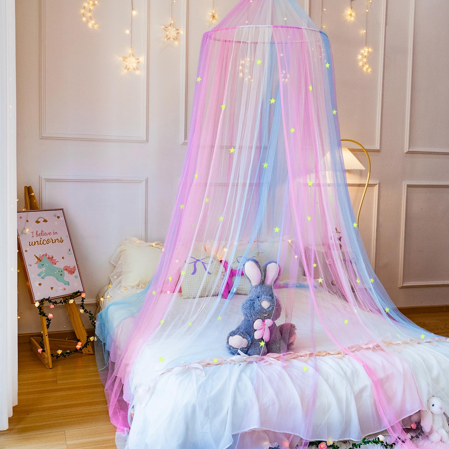 Wnqou Rainbow Bed Canopy for Girls,X-Large Princess Canopy Hanging Netting Bedroom Decor for Girls Mosquito Net for Baby Crib Twin to King Size Bed (Stars-Rainbow) - Image 2