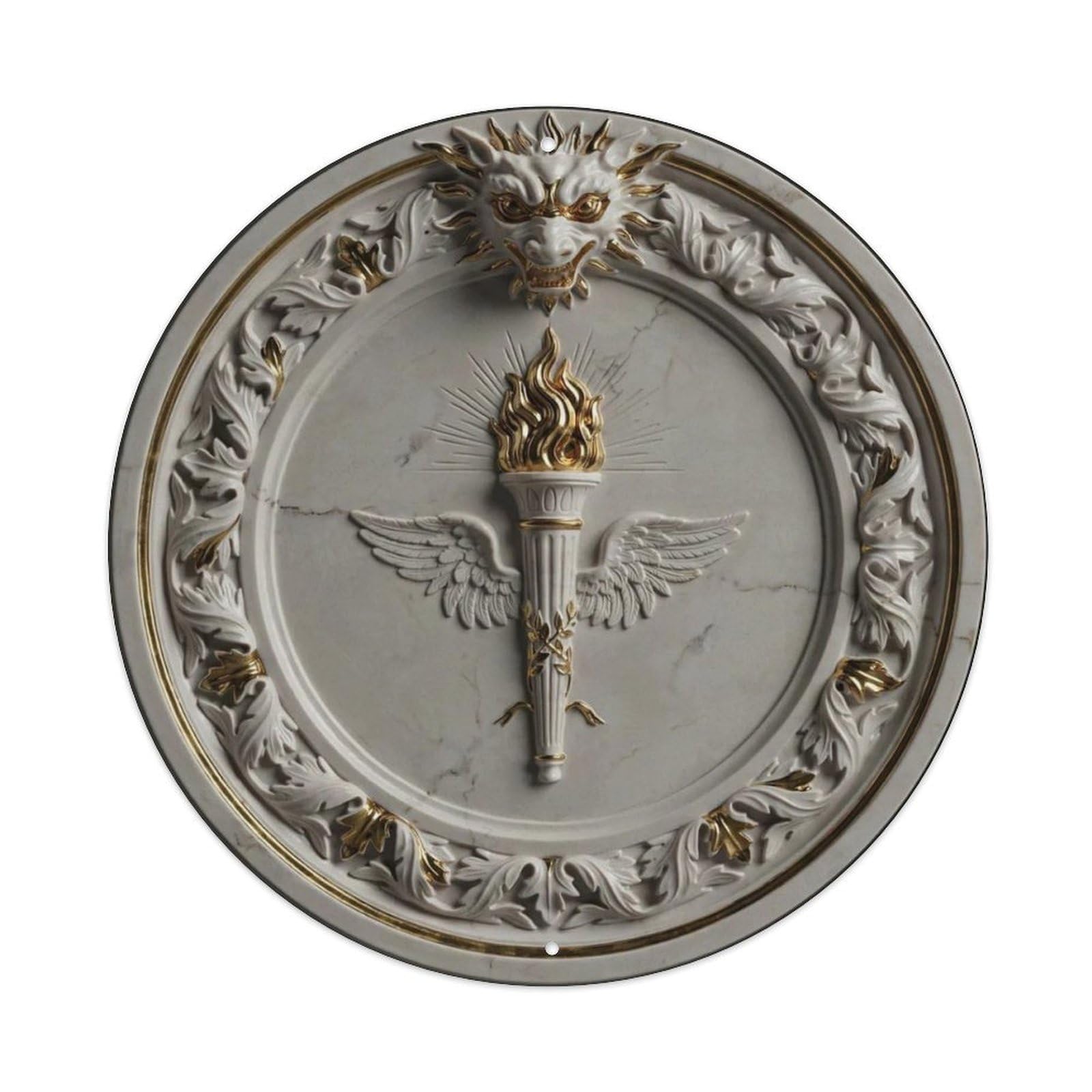Greek Dragon Head 3D Marble Gold Torch Round Metal Tin Sign Plaque