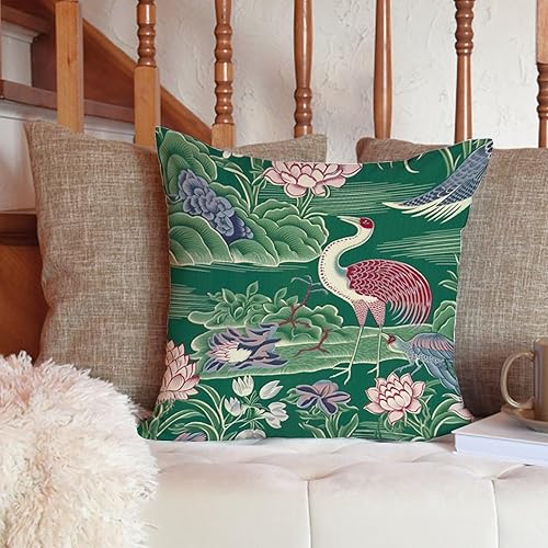 Vista 19 de ArogGeld Fundas de cojín asiáticas escénicas elegantes chinoiserie, diseño de loto verde, pájaros, jardines, funda de almohada para sofá