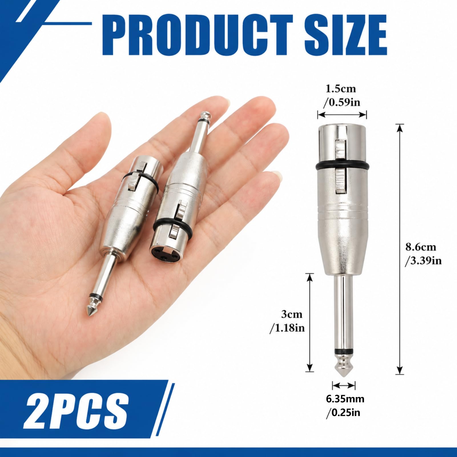 2 Stück XLR auf 6,35mm Adapter, XLR Buchse auf Klinke, Klinke Stecker Buchse 3 Pin Audio Adapter Metallgehäuse symmetrische Signalübertragung kompatibel mit Mischpult Mikrofon Verstärker Studio Bühne