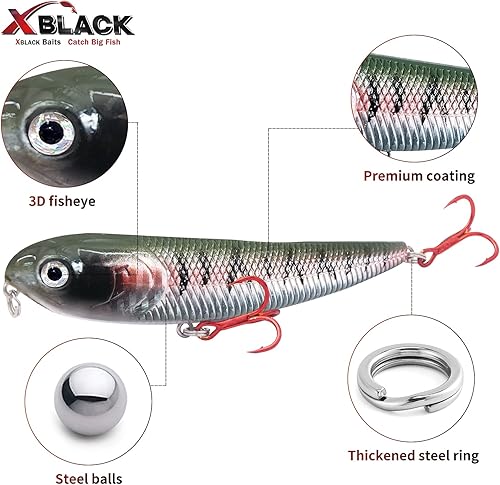 Miniatura 10 de XBLACK Fishing Lures Set Minnow Crankbaits Pencil Jointed Popper VIB Lures Fishing Lures Kit 5PCS for Bass Trout in Saltwater and Freshwater, XBLACK