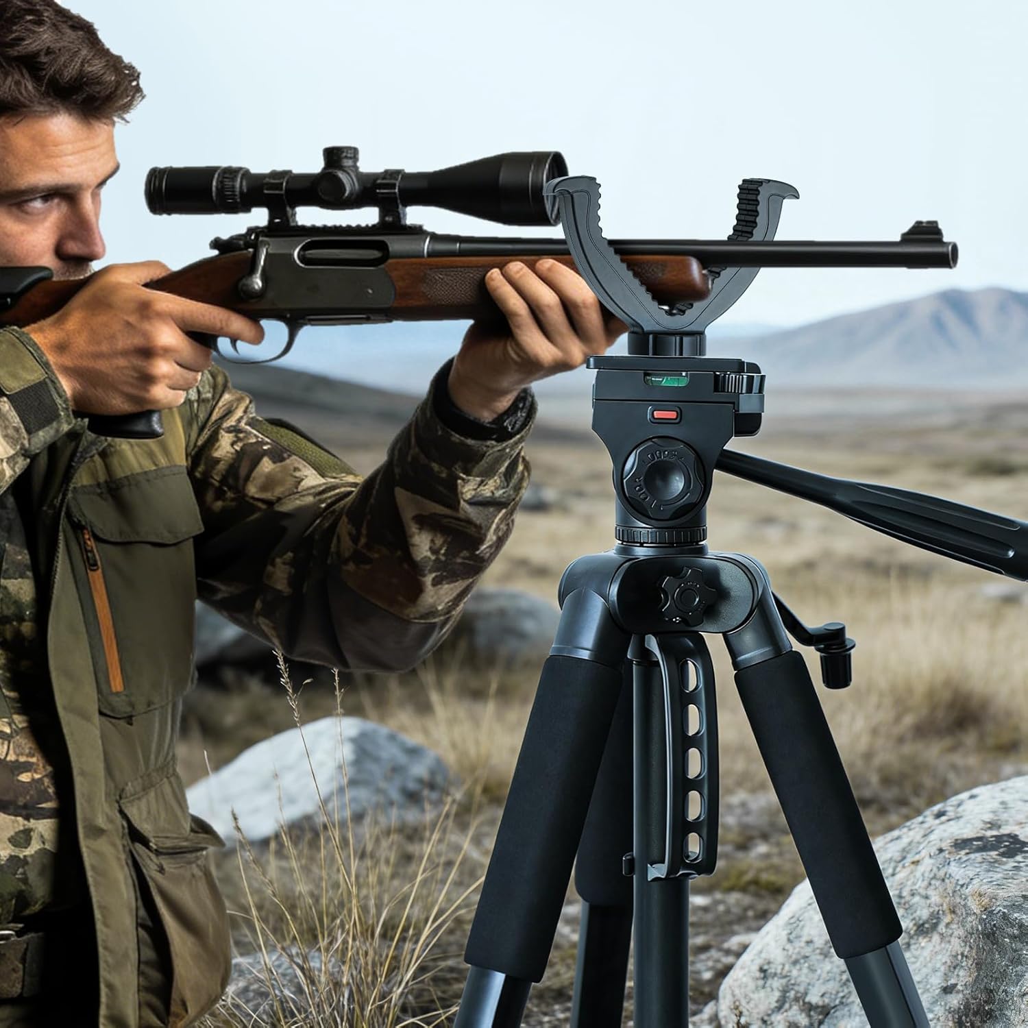 Rifle Shooting Tripod, Portable Hunting Tripod with V Yoke Rifle Rest, Height Adjustable 24" to 71", 360° Rotation, 2 Camo Straps for Hunting, Shooting & Outdoors