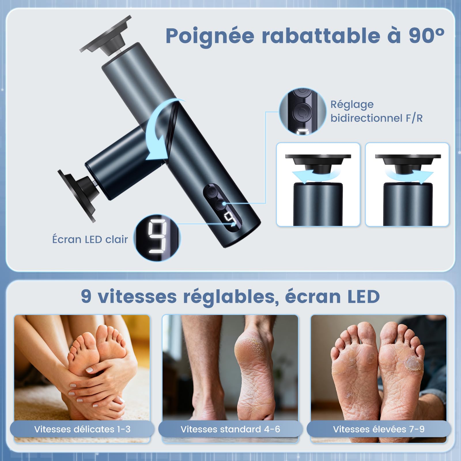 LIHAO Rape Pieds Électrique, 2 en 1Ponceuse Pieds Rechargeable 1800mAh avec Poignée Rabattable 90°, 9 Vitesses, Écran LED, Kit Pédicure 30 Accessoires pour Callosités et Peaux Mortes - Noir