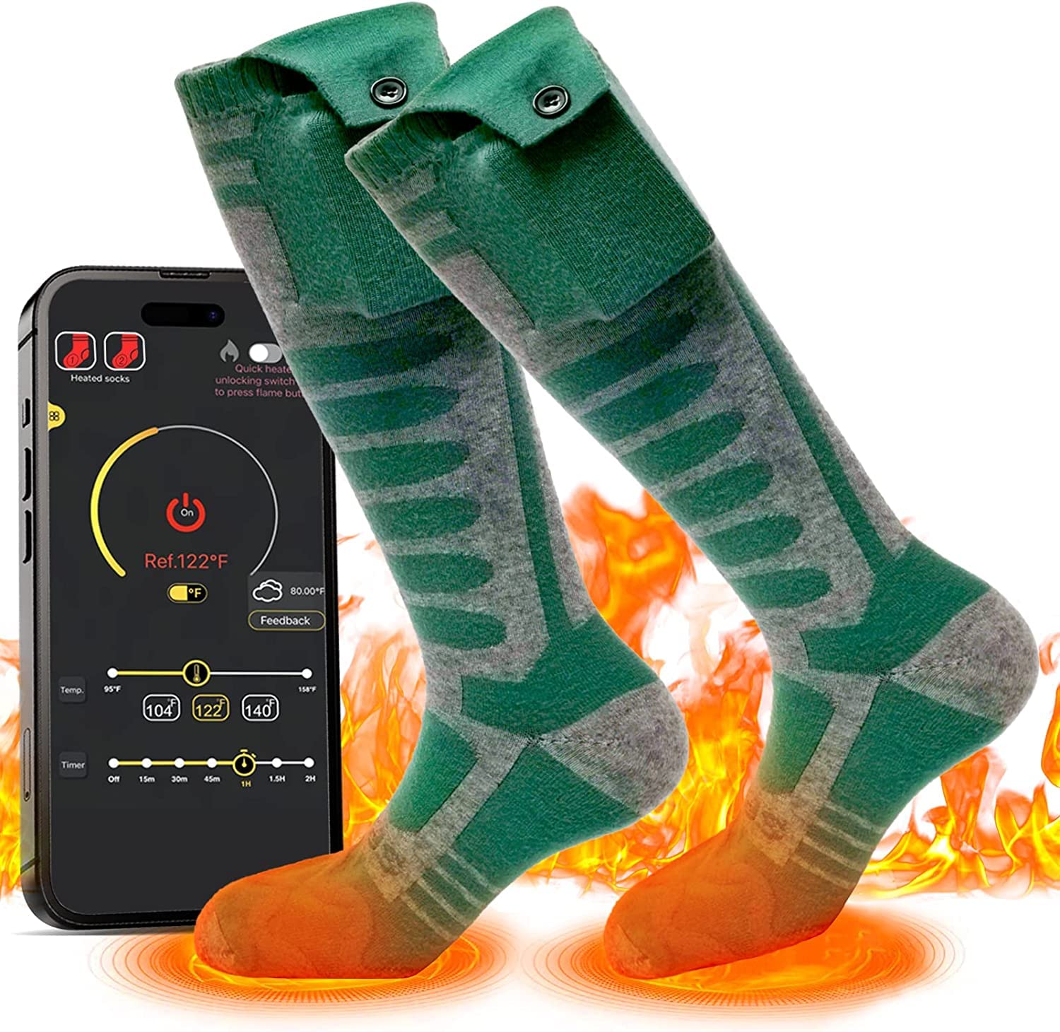 Chaussettes Chauffantes Homme Femme, Chaussettes Chaudes avec Télécommande APP à Batterie 5000mAh, Chauffe-Pieds d'hiver en Coton pour Ski, Pêche, Snowboard, Randonnée