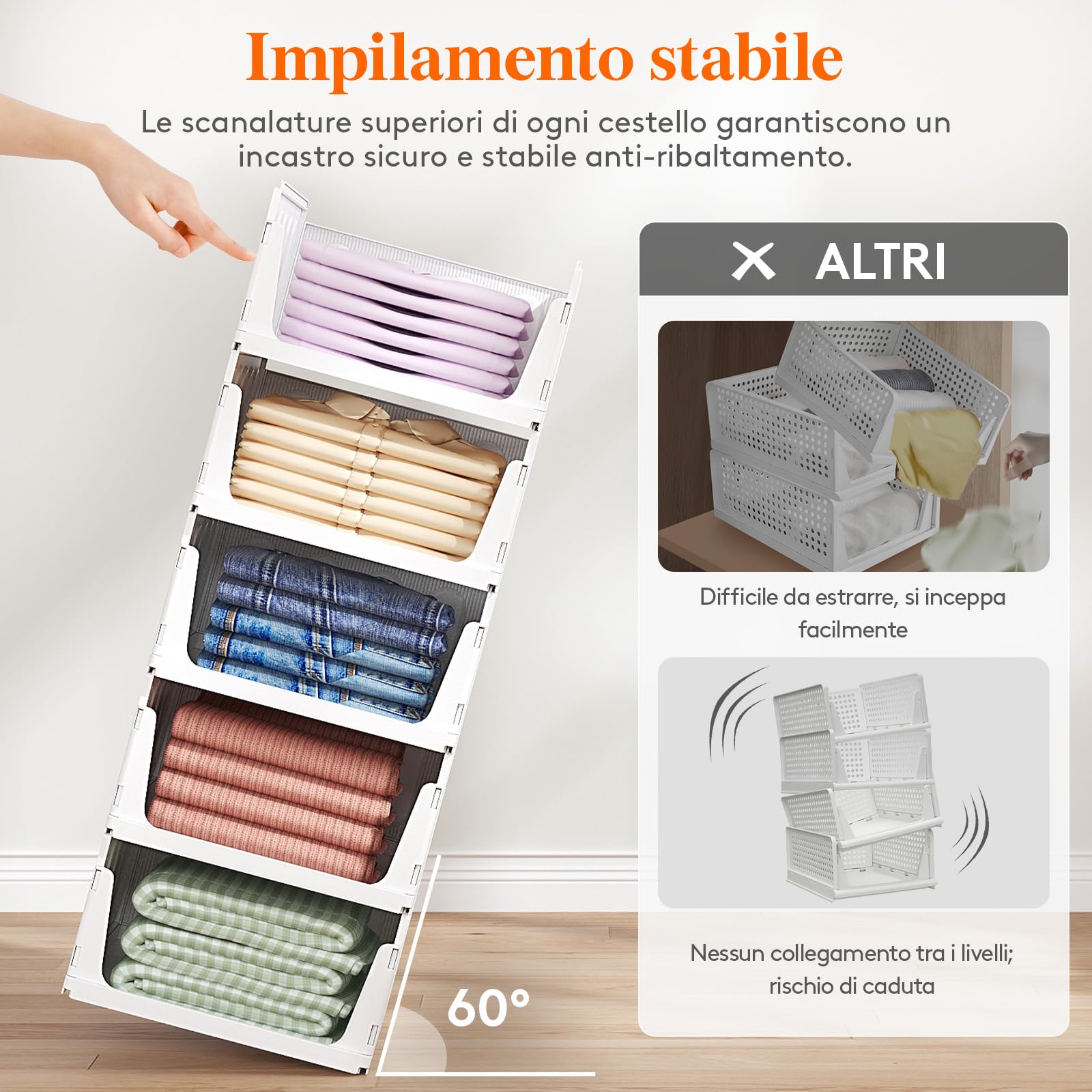 Lifewit Organizer Armadio Interno, Impilabili Contenitori per Vestiti, Contenitori con Cassetti Salvaspazio Estraibile, Scatole Portaoggetti per Cucina, Bagno e Camera da Letto, 24L, Bianco, 5 Pezzi