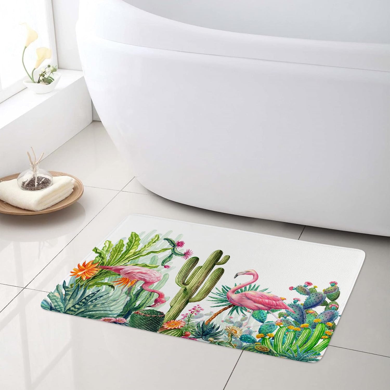 HVEST Pink Flamingo Shower Curtain and Bath Mat, Tropical Cactus Succulent and Floral on White Shower Curtain with Bathroom Rugs, 72X72 inches Sage Green Plant Shower Curtain Sets