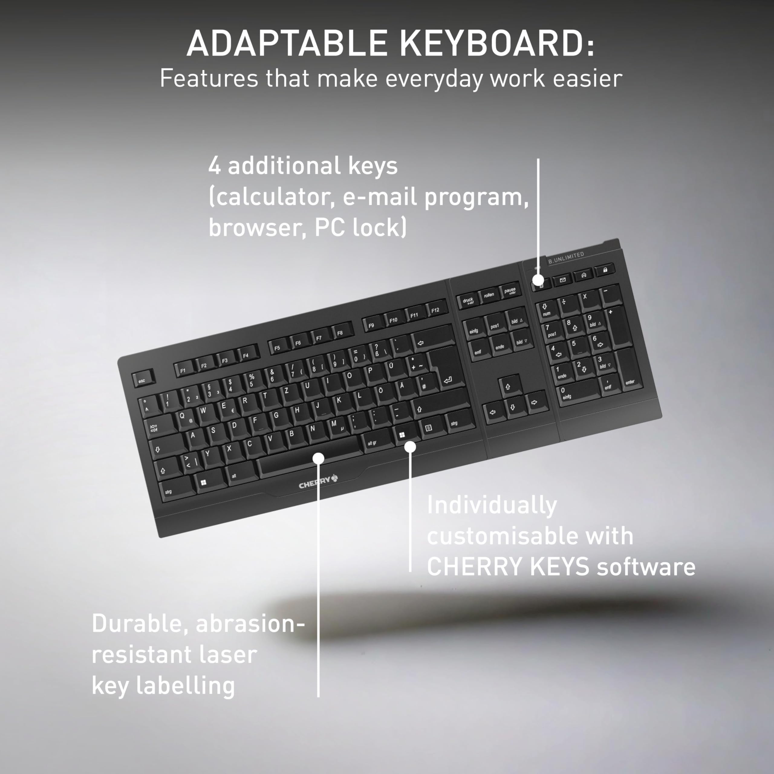 CHERRY B.UNLIMITED 3.0, Bezprzewodowy Zestaw Klawiatura i Mysz, Układ EU (QWERTY), Połączenie przez 2,4 GHz, Odporne na ścieranie Przyciski, ładowalne, Czarny