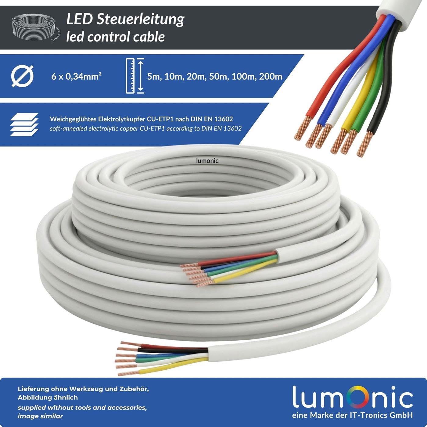 Lumonic 6x0,34mm² RGBW CCT LED Kabel sterujacy 20m | 6-zylowy elastyczny przewód w oslonie | LiYY Rozszerzenie, Kabel zasilajacy, Przewód zasilajacy LED, Kabel sterujacy