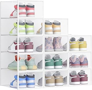 Shoe Boxes, Shoe Storage Organizers Rack for Closet, Plastic Stackable Sneaker Containers Case, 12 Pack, Transparent and Cloud White ULSP312W01