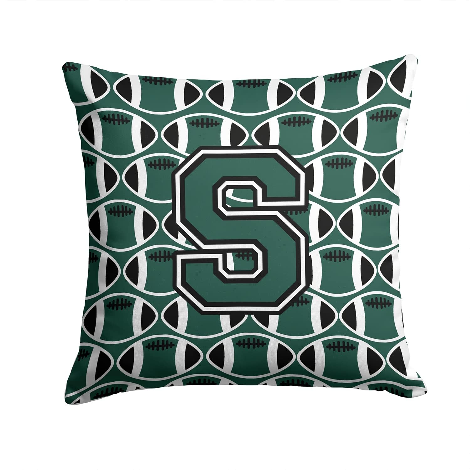 Caroline's Treasures CJ1071-SPW1414 Letter S Football Green and White Fabric Decorative Pillow Machine Washable, Indoor Outdoor Decorative Pillow for Couch, Bed or Patio, 14Hx14W