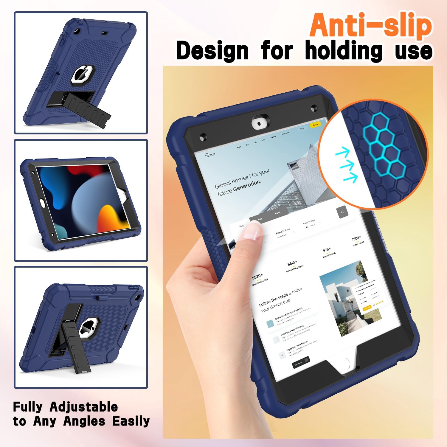 AVAWO Case for iPad 9th/8th/7th Generation(10.2 inch, 2021/2020/2019), Heavy Duty Military Grade Shockproof Protective Cover with Built-in Stand/Pencil Holder for i Pad 9/8/7 Gen, Navy Blue - Image 4