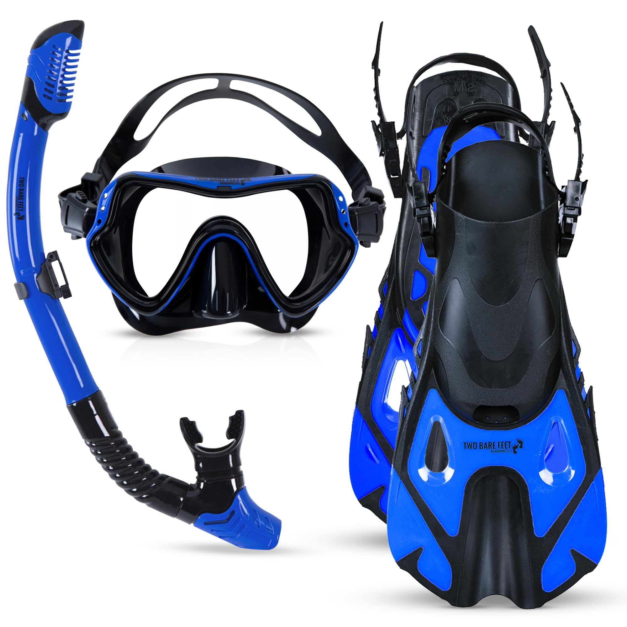 Two Bare Feet Adults 3 Piece Silicone Mask, Snorkel and Fins Diving Set, Anti Fog Anti Leak Snorkelling Set - Style 3 (Blue, (M1001S+S11S+F01), (S/M), UK4.5-8.5) โ image 1