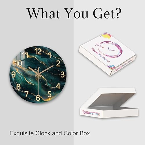 Miniatura 7 de Reloj de pared verde azulado para sala de estar de 12 pulgadas, reloj de pared de mármol a pilas, cuarzo redondo, dorado, silencioso, sin tictac,