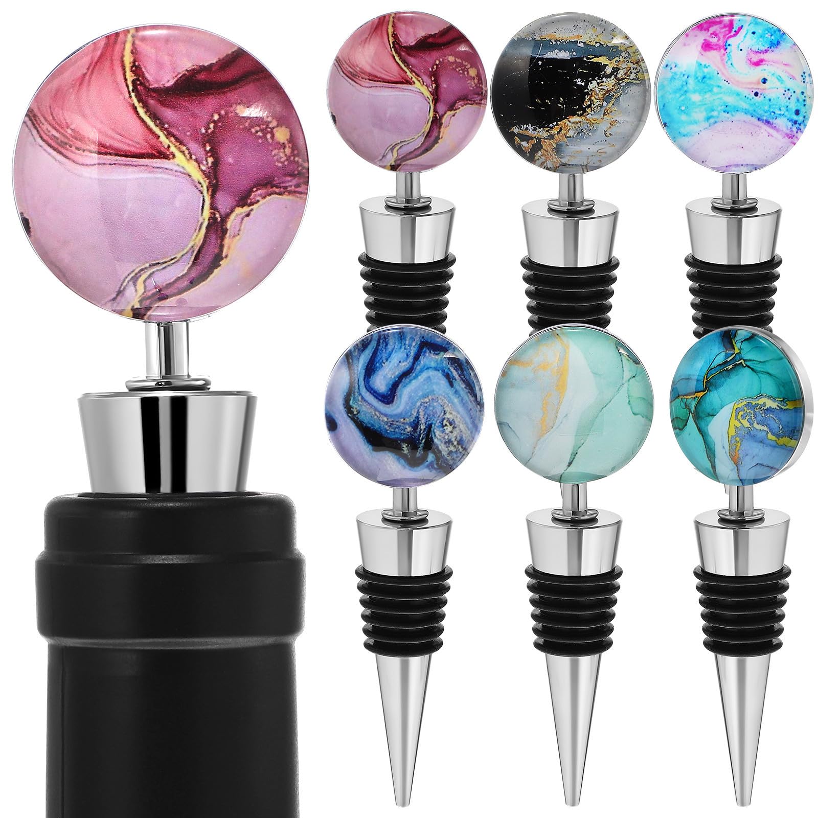 Tapones de vino decorativos de aleación de zinc y mármol, pack de 6 tapones robustos 1