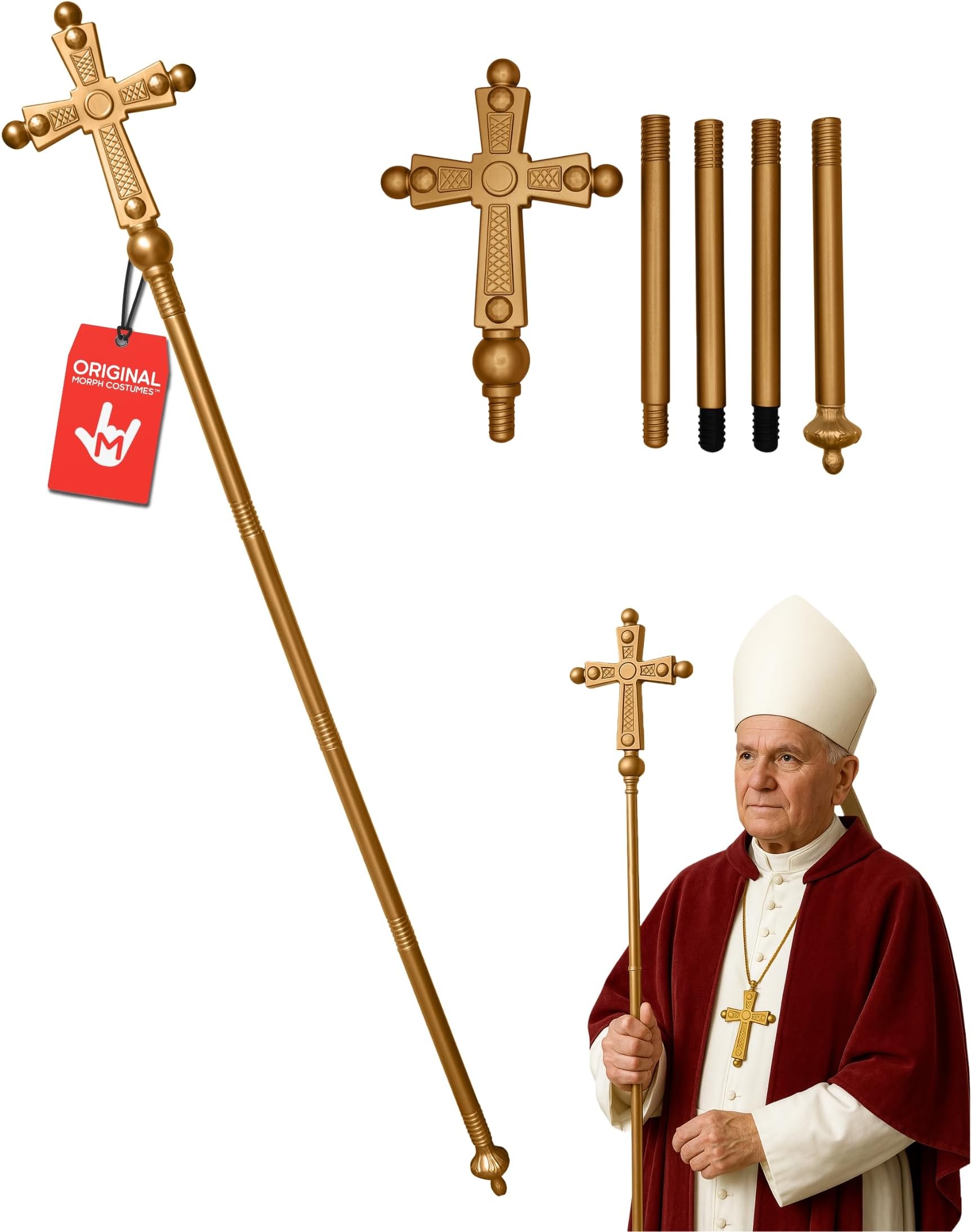 Morph Gold Pope Cross Staff - Adjustable 5 Piece 54-Inch Tall Hollow Bishop Prop - Adult Halloween Cosplay Costume Accessory, Gold, One Size