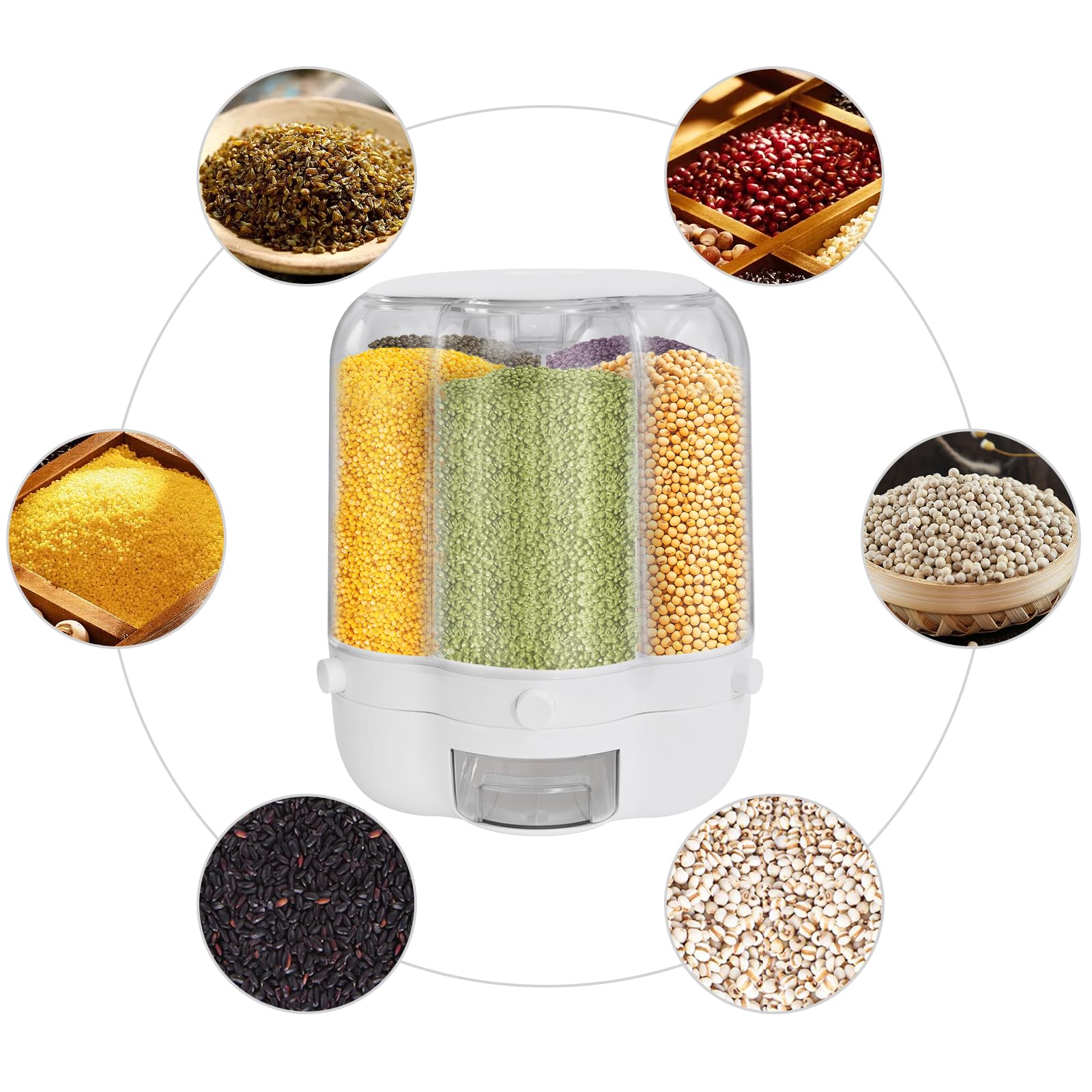 Dispenser girevole per cereali, 6 scomparti, girevole a 360°, trasparente, per farina di riso e noci in cucina e dispensa