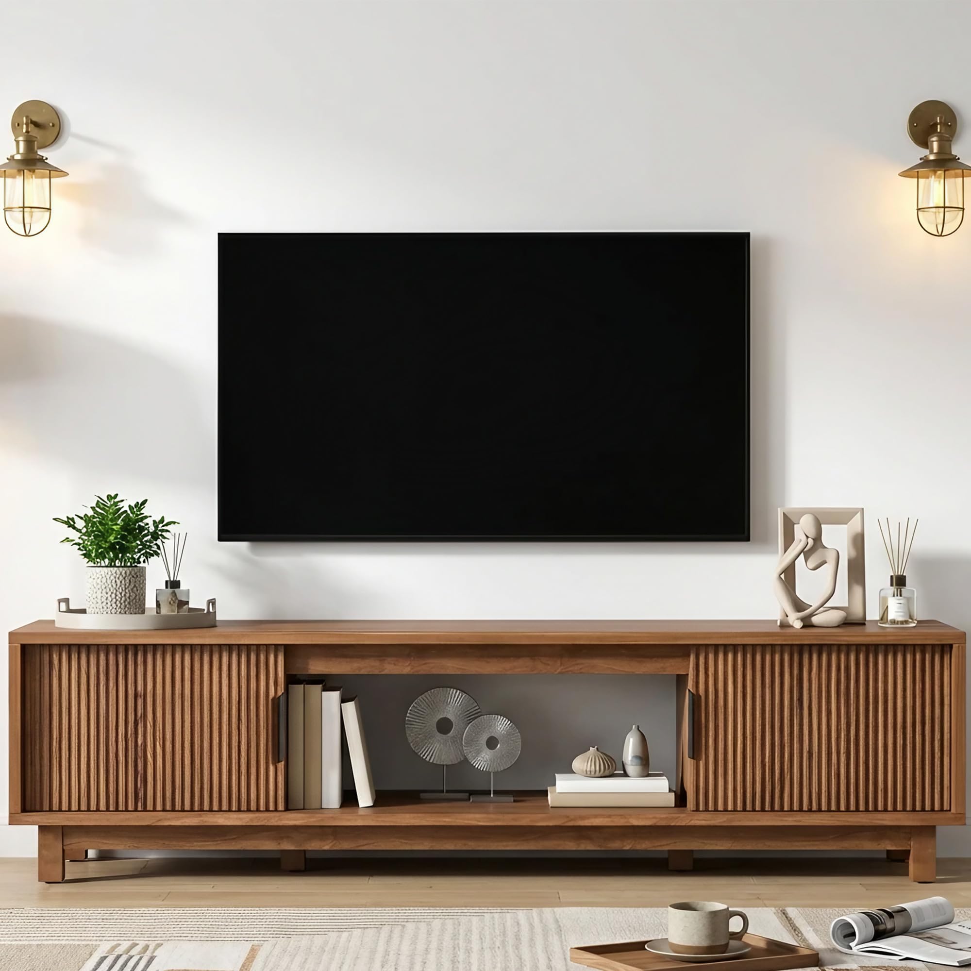 Photo 1 of **UNTESTED**
BRITEMART TV Stands for Living Room, 70 Inch Large Entertainment Center Fluted TV Stand with Storage, Boho Media Console Wood Television Table with Cable Management Hole, Walnut