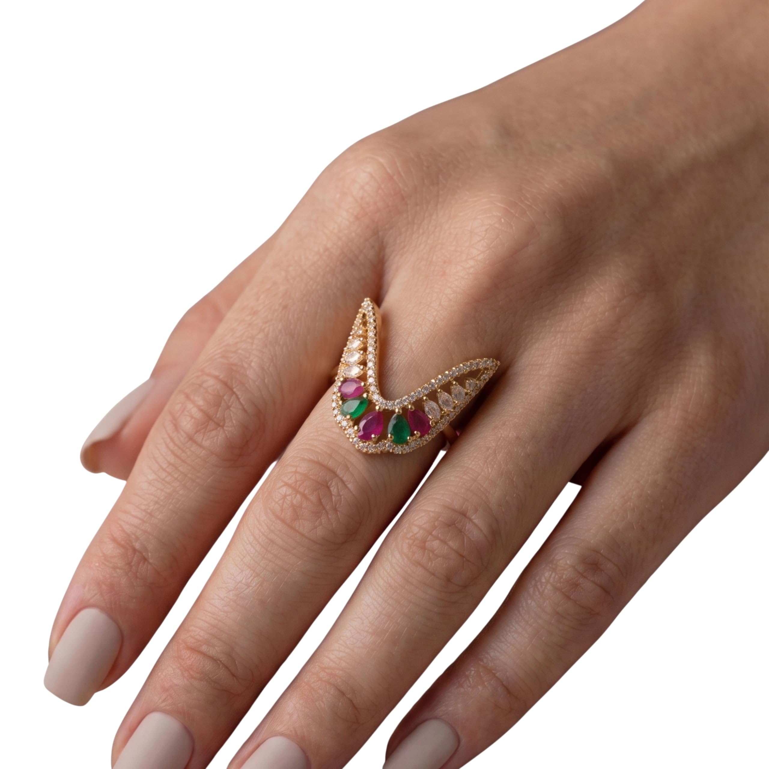 Multicolour V-Shape Vanki Ring with Red, Green and Cz Stones, Gold-Plated Finish-image-10