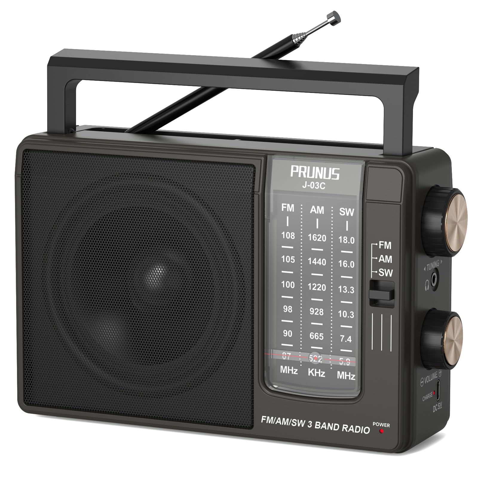 PRUNUS J-03C AM FM SW Radio Built-in Battery or AA Batteries Operated for Home&Outdoor, Large Speaker Excellent Sound, Excellent Reception 49cm ant, Large Tuning Knobs Easy to Use,Gifts for Seniors-image-11