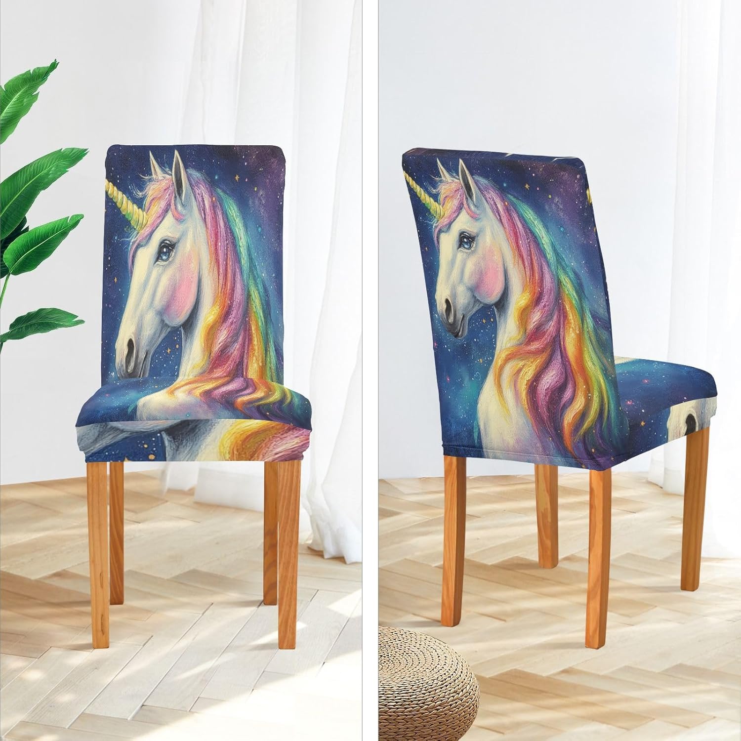 ALAZA Chair Covers for Dining Room, Rainbow Unicorn Starry Stretch Chair Cover Sets Chair Protector Removable Washable for Ktichen Restaurant Hotel
