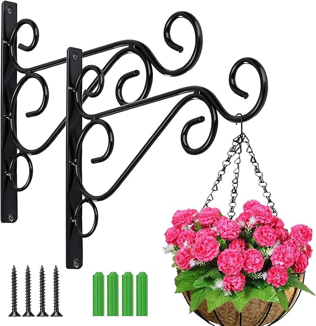 TSHAOUN 2 Pack Hanging Basket Brackets, 10 Inch Large Heavy Duty Wall Hanging Plant Basket Bracket, Indoor Outdoor Home Garden Iron Plant Wall Hooks for Planters Flower Lamp Birdcage Decor (Black)