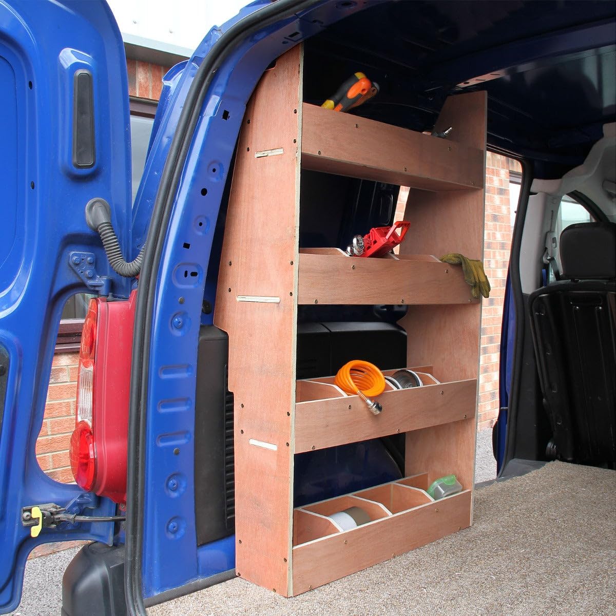 Nissan Primastar Sklejka Van Rack Regał na narzędzia, półka na narzędzia, półka na narzędzia, regał, regał, organizer, zdejmowane przegrody, strona kierowcy i pasażera, 4 półki, 16 przegródek, 116 x 67,5 x 28,5 cm