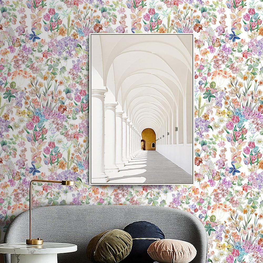 17.5"x118" Boho Colorful Flowers Wallpaper 3D Spring Wild Flower Wallpaper Self Adhesive Watercolor Lily Tulip Floral Green Leaves Contact Paper Murals for Bedroom Living Room TV Sofa Background Home