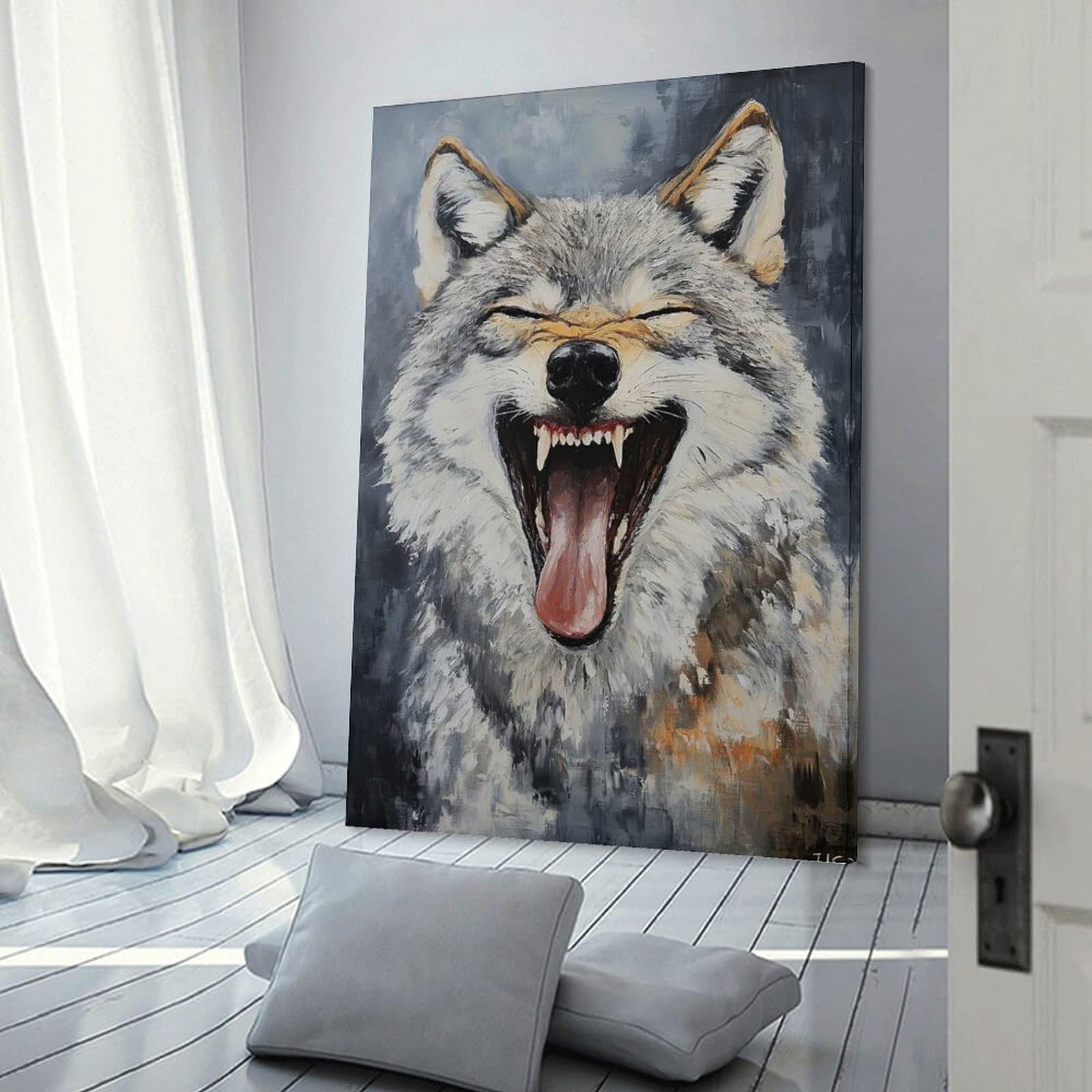 Junmoney Laughing Wolf Painting Room Decor Wall Art, 12x18inch(30x45cm), for Office, Study Or Home Workspace, A Smart Decor Choice for Study Walls