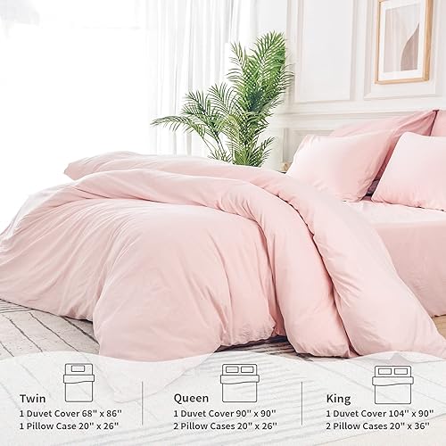 Miniatura 6 de NEXHOME PRO Juego de funda de edredón de algodón de punto de jersey orgánico, tamaño Queen, color rosa claro, juego de ropa de cama de 3 piezas,