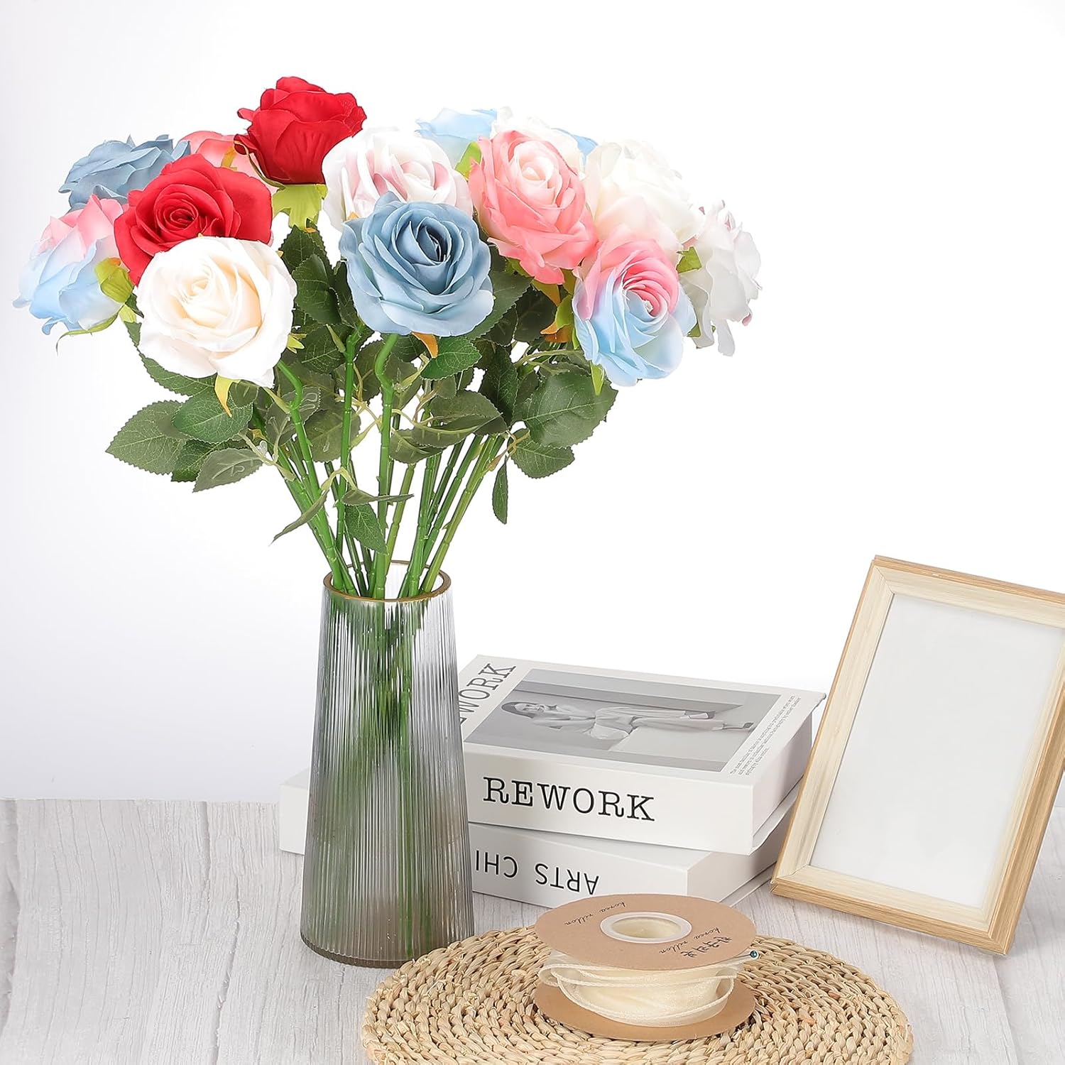 PATIKIL 8pcs Fake Roses, Roses Artificial Flowers Artificial Roses Silk Roses with Long Stems Real Look Real Touch Bouquet for Home Decor Table Decorations Wedding, Teal