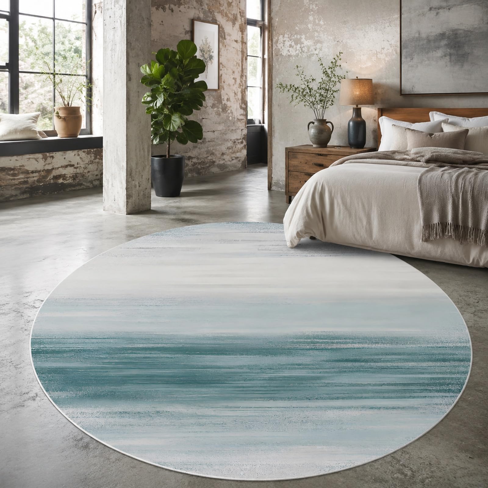 Tapis rond abstrait moderne bleu anti-taches pour table salle à manger et terrasse