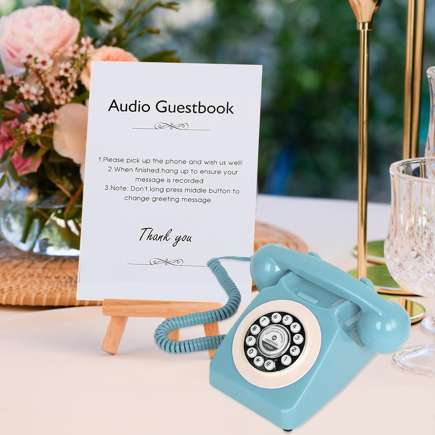 Blue Audio Guest Book with a sign providing instructions for guests
