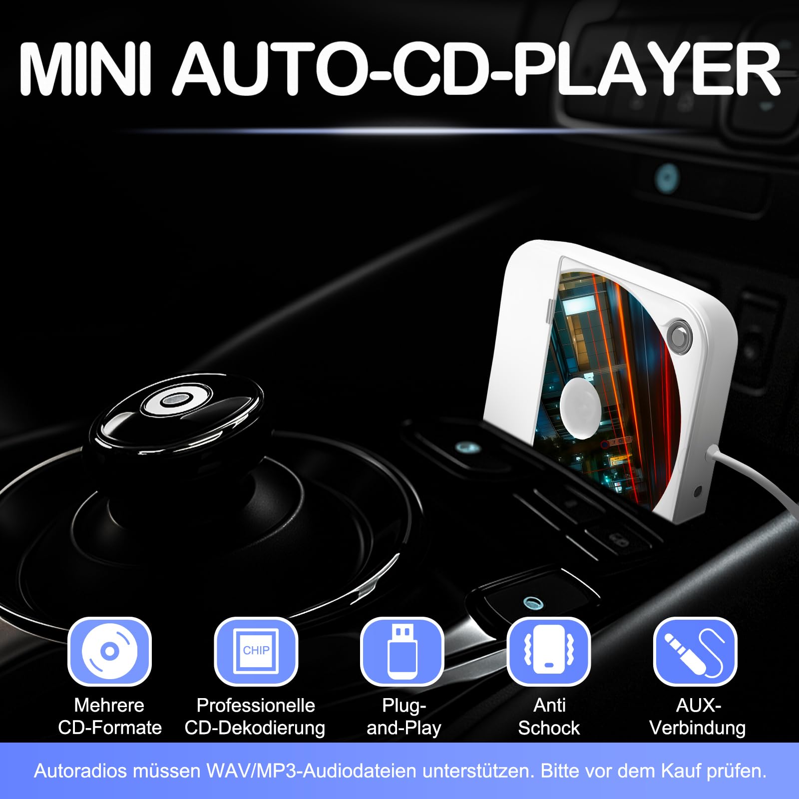 Tragbarer externer CD-Player für Auto: Plug-and-Play, mit USB & AUX, universell für Fahrzeuge, Laptop, TV, PC sowie Android 4.4+ Navigation