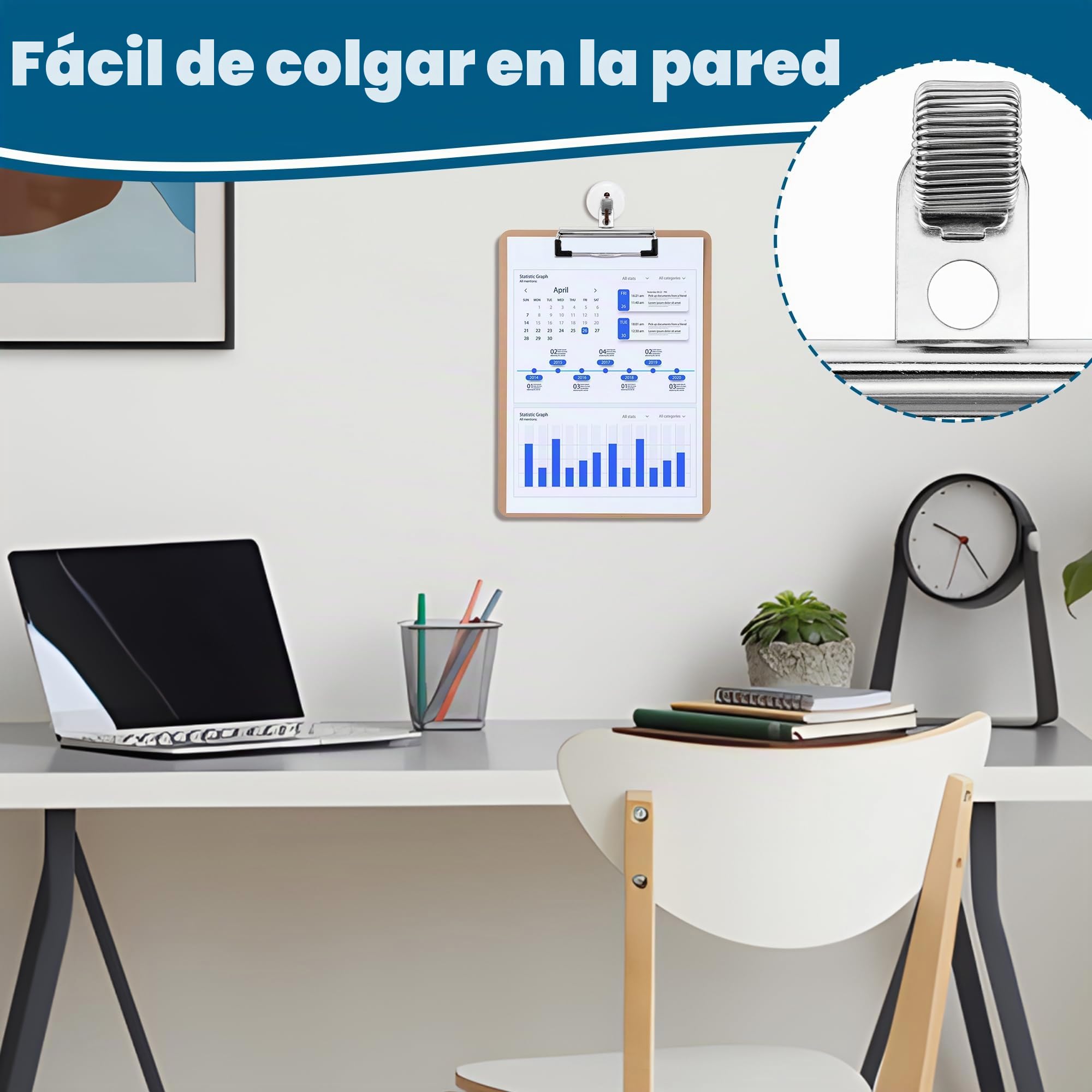 Meetory 10 Clips Portapapeles con Soporte Bolígrafos, Pinzas Metalicas A3 A4 A5, Clips Portadoocuments para Fijación en el Portapapeles Frontal, Agujero para Colgar, para Oficina, Escuela, Papelería