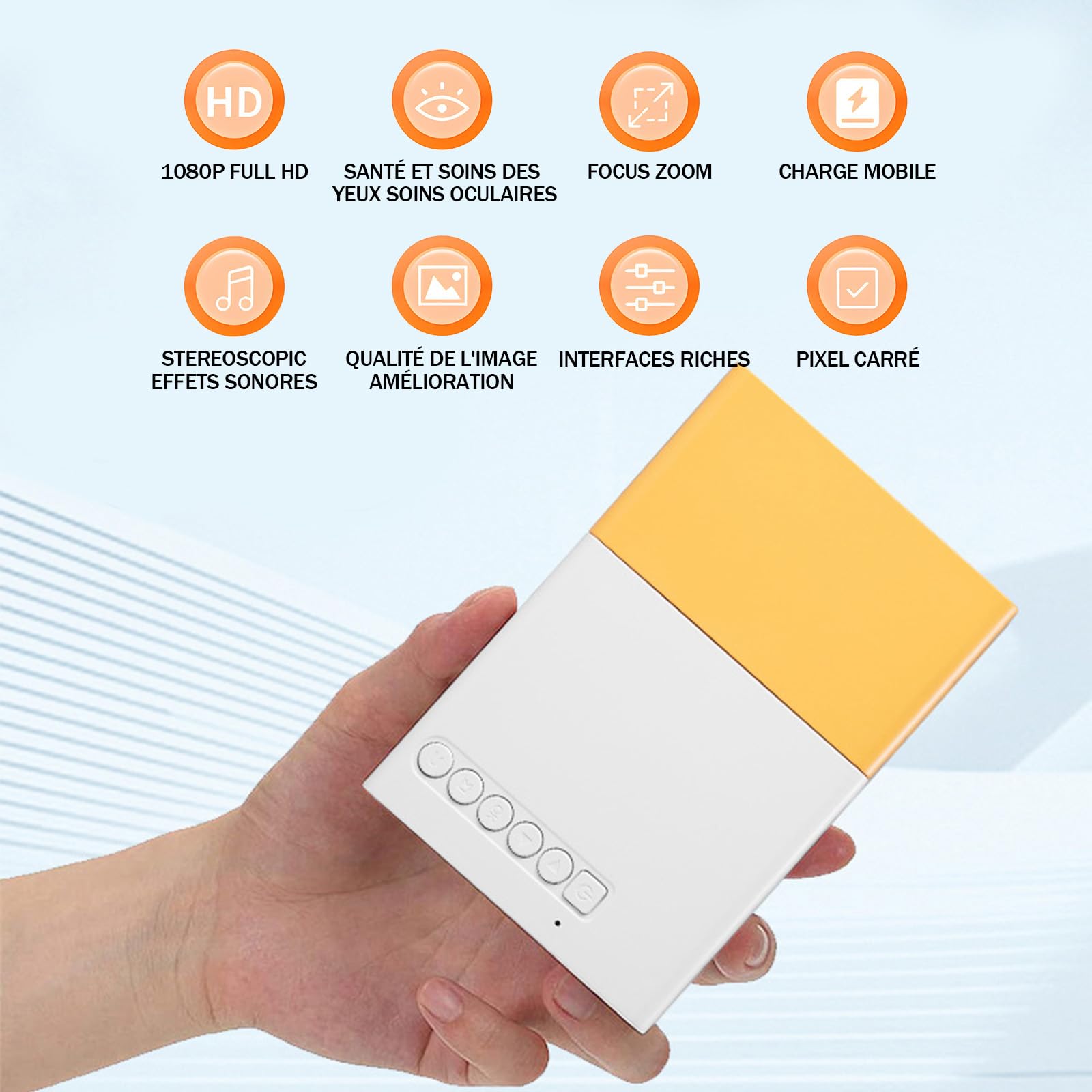 YG300 Mini Projecteur avec entrée HD,Mini Videoprojecteur pour la Chambre&l'extérieur,Videoprojecteur en Charge Une résolution de 320×240 Pixels,Compatible avec Les Smartphones&TV(Blanc et Orange)