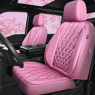 CAR PASS Luxury Piping Leather Front Seat Covers - Cute Pink, Waterproof & Anti-Slip (2 Pcs)