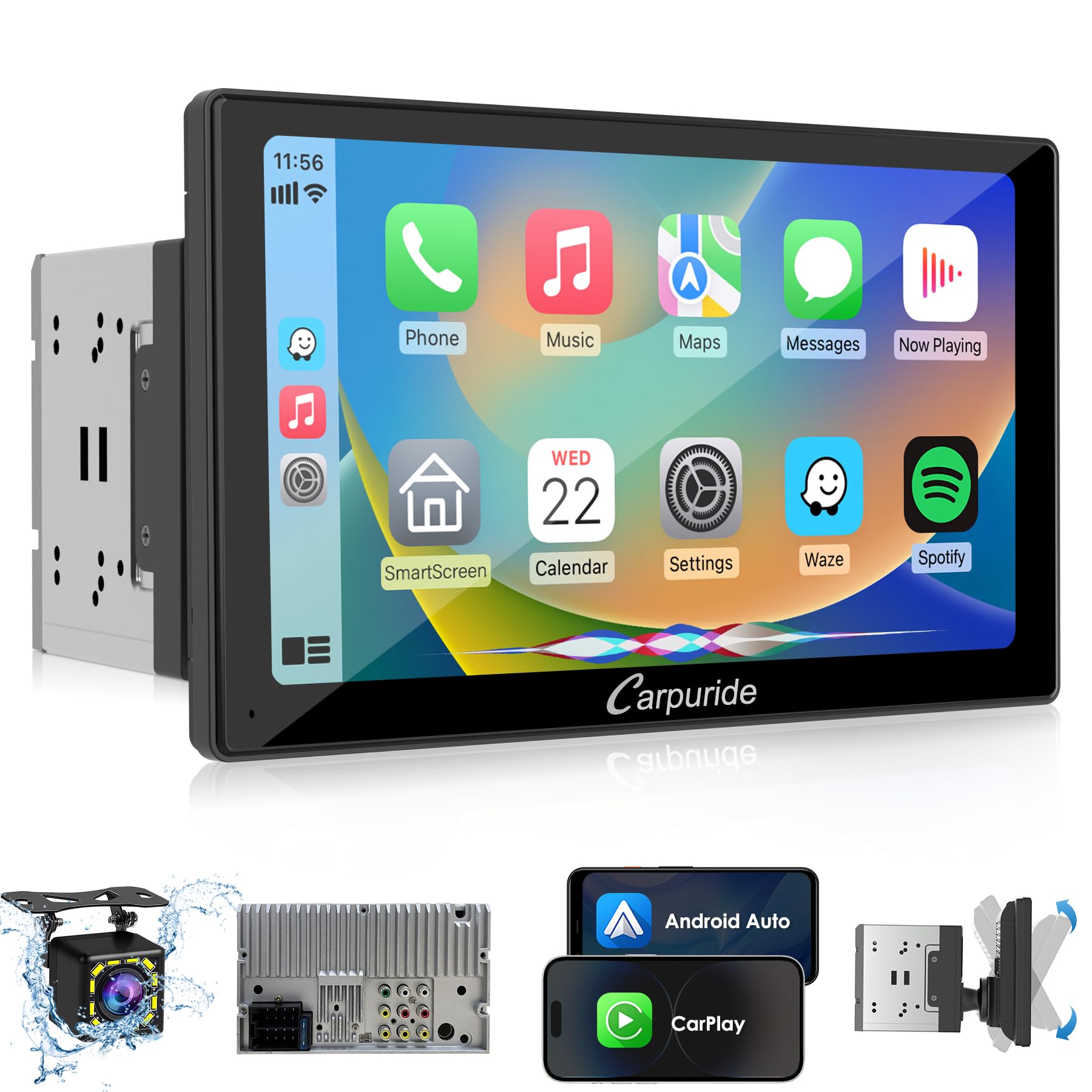 Carpuride Double Din Car Stereo with CarPlay and Android Auto Car Radio 9" HD Floating Touchscreen Car Audio Receivers with Bluetooth, EQ Subwoofer,