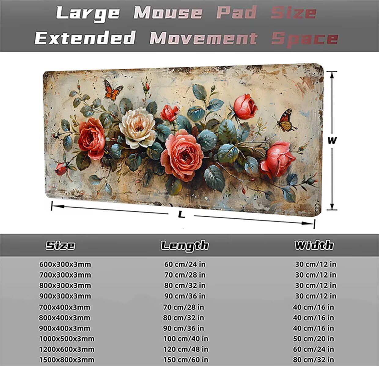 Tappetino per Mouse Gaming XXL 1200x600x3mm– Ufficio Mousepad Grande – Migliora la Velocità e la Precisione Tenuta Stabile Sottomano per Ufficio e Casa Accessori Scrivania Fiori PjY16109 N-U