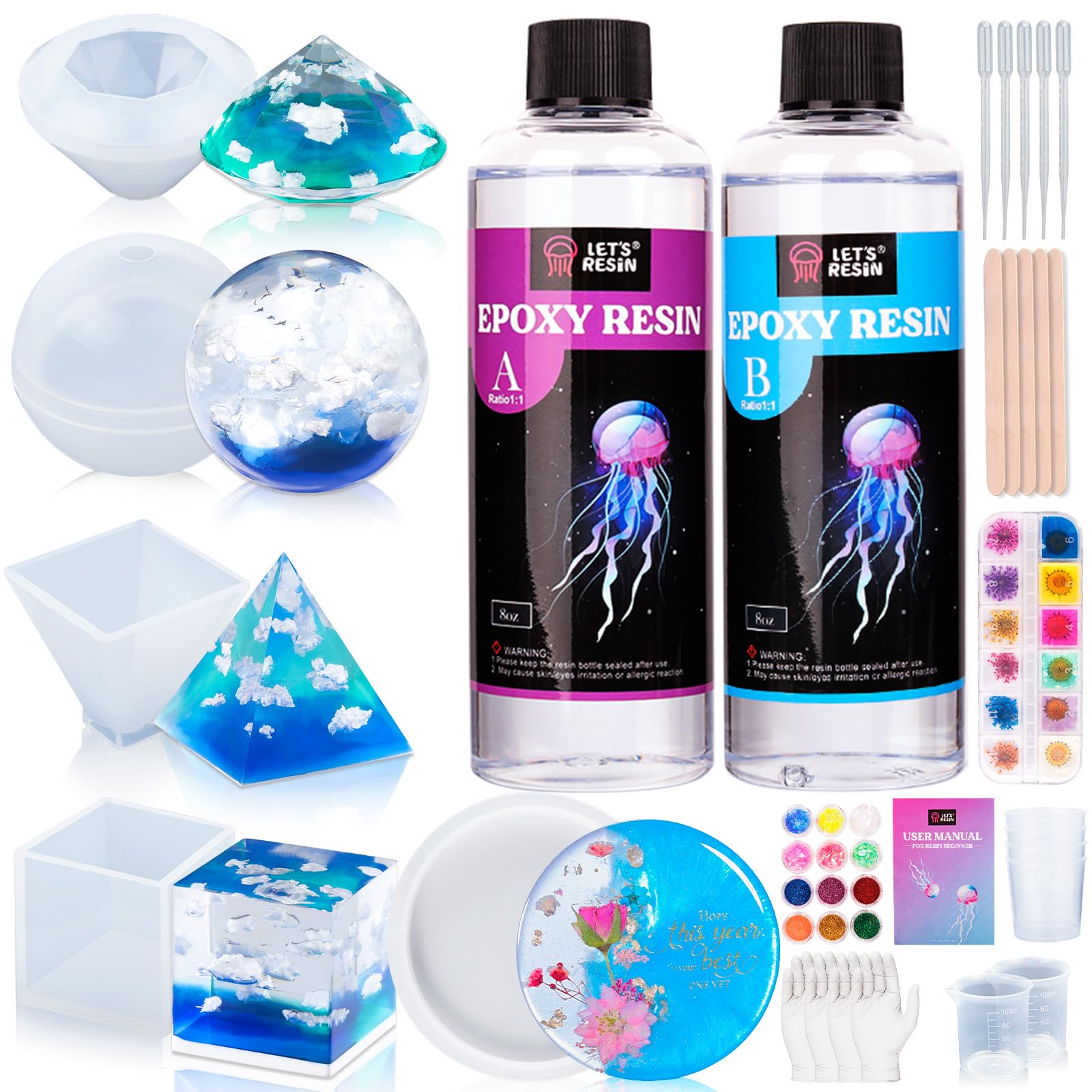 Epoxy Resin Kits and Molds Complete Set, 16oz Resin Art Kit with Silicone Molds, Pigment, Dried Flowers, Crafts for Adults, Beginners, Art Supplies for DIY Lovers, DIY Gift for Women